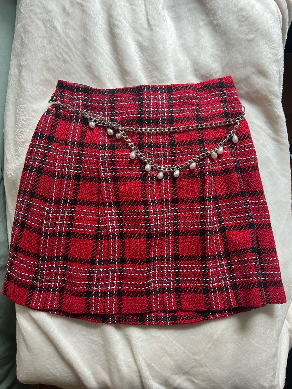 Miss Selfridge Red Plaid Tweed Mini Skirt with Chain Detail